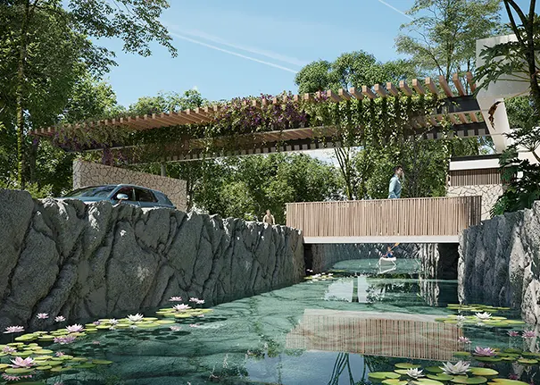 Puente del lago y casa club principal