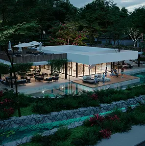 Vista aérea casa club y lago